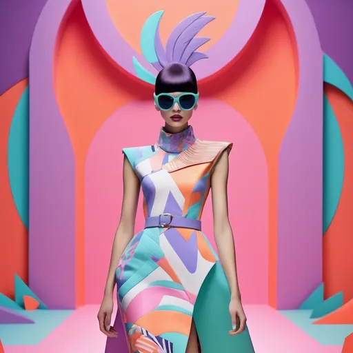 Prompt: (Yzma reimagined), colorful fashion concept, (vibrant U-shaped silhouette), eye-catching use of pastels and bold hues, (modern design elements), chic accessories, playful background filled with patterns, lively atmosphere, dynamic composition, reminiscent of a runway show, ultra-detailed rendering, 4K quality.