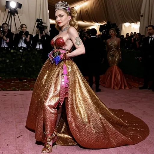 Prompt: Madonna at Met Gala, high fashion, iconic red carpet look, vibrant and bold, paparazzi flashes, extravagant couture gown, elegant jewelry, celebrity, glamorous atmosphere, high quality, detailed, fashion illustration, vibrant colors, dramatic lighting