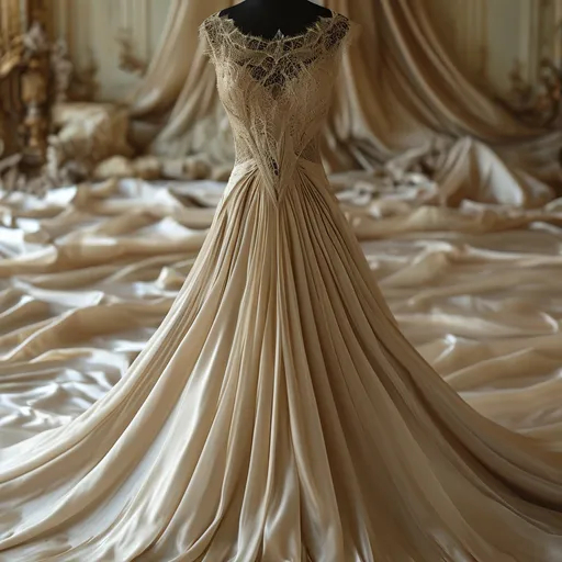 Prompt: (Silk gown), elegant, flowing fabric, soft shimmer, luxurious texture, (high fashion), rich jewel tones, dramatic draping, graceful silhouette, delicate lace accents, warmly lit atmosphere, (romantic ambiance), detailed background showcasing an opulent setting, (4K), ultra-detailed, a vision of sophistication and timeless beauty.