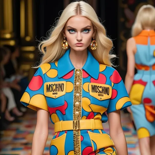 Prompt: (Moschino fashion design), bold colors, playful patterns, iconic logo, high fashion elegance, whimsical elements, energetic vibe, glamorous texture, chic accessories, captivating detail, stylish background, (ultra-detailed), modern aesthetic, vibrant and dynamic atmosphere, couture influence, luxurious ambiance, striking visuals, inspired by haute couture.