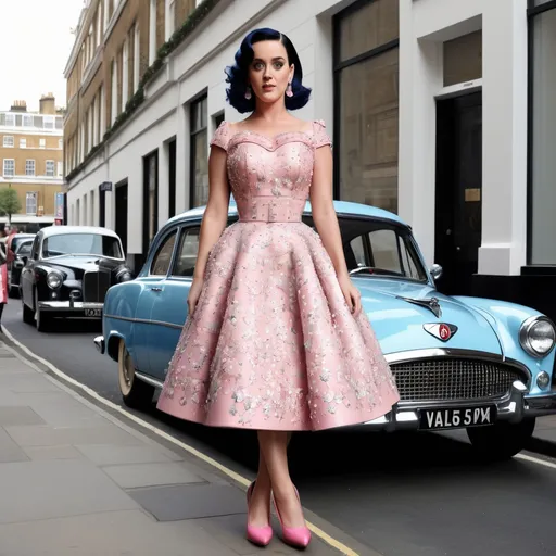 Prompt: Hyper Realistic and very detailed Katy Perry wearing a hyper realistic and very detailed Valentino 50s look with a very detailed Valentino dress and very detailed Valentino shoes in the centre of a very accurate 50s London 64k Hd, very accurate 3D 