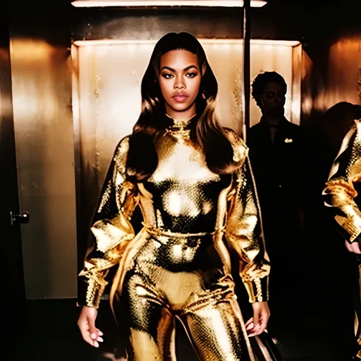 Prompt: Beyonce wearing golden metal suit by Paco Rabanne in a Wes Anderson scenario 