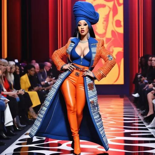 Prompt: Cardi B (extraordinary fashionista), wearing a striking Jean Paul Gaultier ensemble, high-fashion runway, bold colors with intricate detailing, confident pose and fierce expression, stylish accessories adding glamour, illuminated by dramatic lighting, elegant backdrop emphasizing luxury, (a blend of avant-garde charm and vibrant energy), high quality, ultra-detailed, captivating atmosphere.