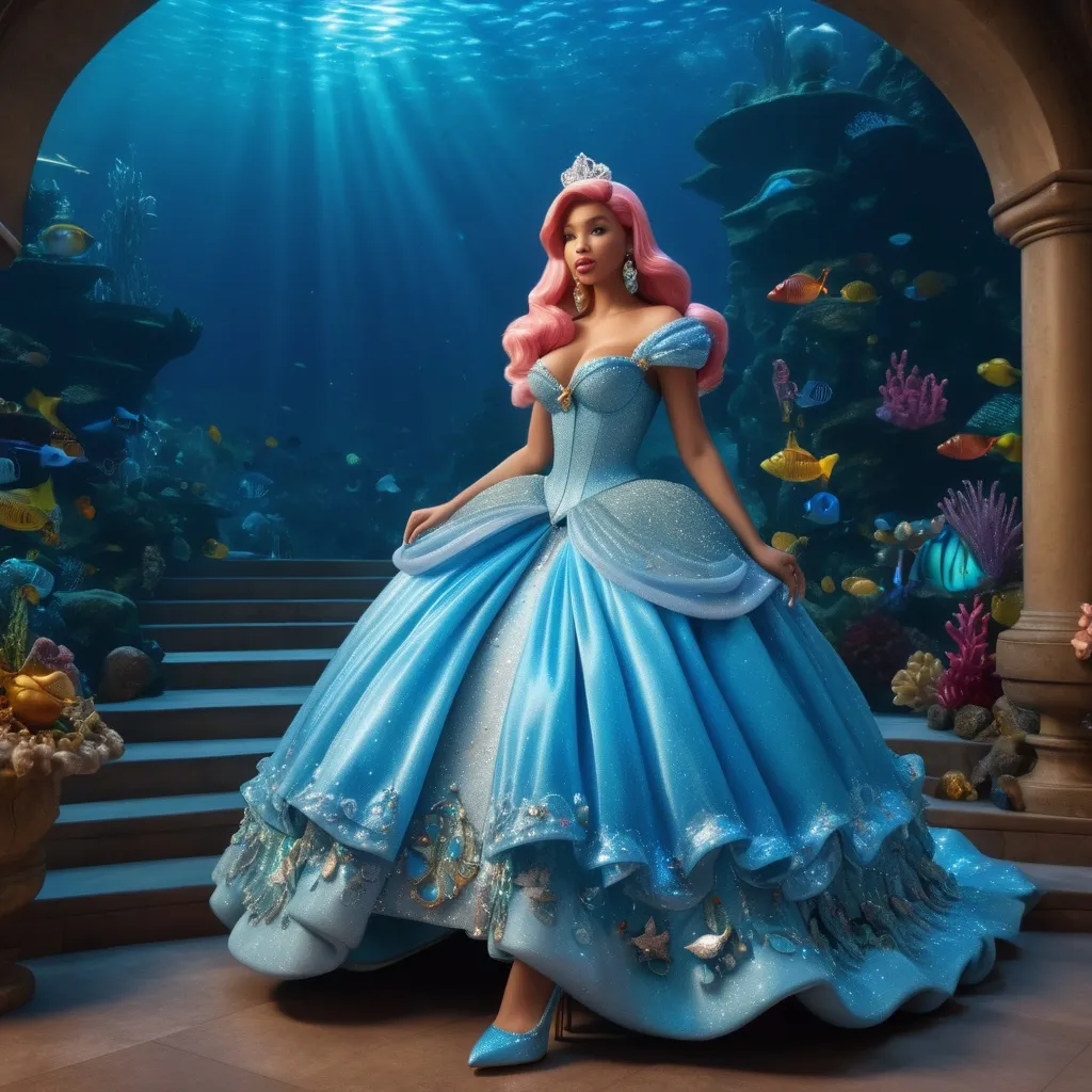 Prompt: Hyper realistic 64k 3d Cinderella from The Little Mermaid as Nicki Minaj in hyper realistic and very detailed 64 3d hd, wearing Dolce&Gabbana and heels outfit, very detailed Dolce&Gabbana dress 64k Reflex ultra hd quality and very detailed Dolce&Gabbana heels 64k ultra hd quality, photo quality, hyper real