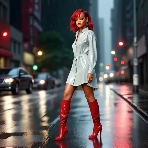 Prompt: (Rihanna), wearing a (stylish shirt dress), (red sequinned high heels) and (high boots), standing confidently on a gleaming, rainy street, reflections shimmering on the wet pavement, surrounded by a moody atmosphere, (dramatic lighting), soft rain softly falling, high-resolution, ultra-detailed, capturing a fusion of glamour and urban appeal, creating a captivating and iconic moment.