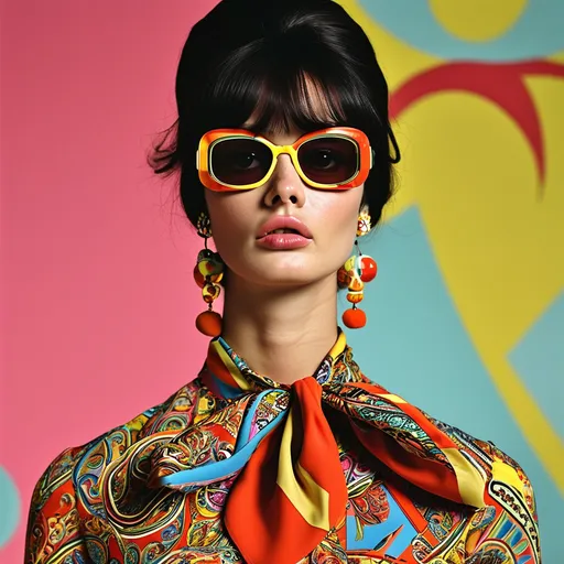 Prompt: Pucci 60s foulard look, (vibrant colors), bold geometric patterns, (retro style), whimsical elegance, plush fabrics, lively print compositions, (highly detailed), vintage fashion enthusiasm, playful and artistic flair, (ultra-detailed), reminiscent of the 1960s fashion era, stylish and chic, (dramatic lighting), evocative and artistic atmosphere, showcasing timeless sophistication and exuberance.