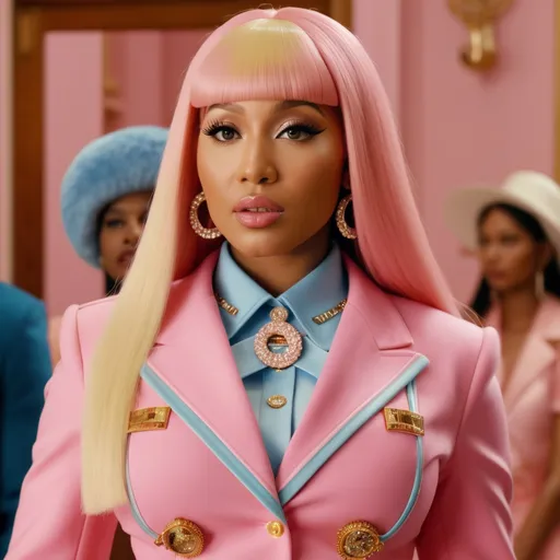 Prompt: Hyper realistic Nicki Minaj wearing a Miu Miu outfit in a Wes Anderson Movie 64 k ultra hd quality 