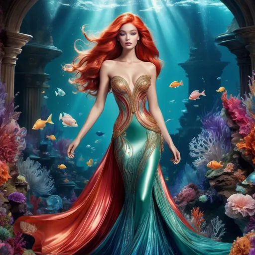 Prompt: (Ariel wearing Balmain), stunning fashion ensemble, (vibrant colors), emphasizing the glamorous fusion of fantasy and haute couture, graceful pose, flowing hair, intricate textile details, luxurious fabrics, (high-quality illustration), beautifully stylized background, enchanting underwater atmosphere, shimmering light effects, magical vibe, showcasing elegance and boldness intertwined, perfect blend of whimsical and fashionable aesthetics.