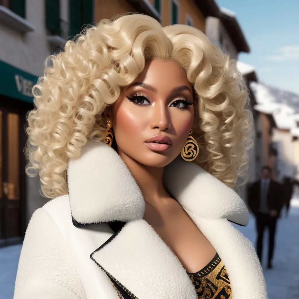 Prompt: Hyperrealistic 3D Nicki Minaj with curly dark hair in 80s italian Courmayeur winter and cold fashion Gianni Versace, photorealistic, accurate features, Versace outfit, high resolution 64k, detailed textures, realistic lighting, Capri street backdrop, sophisticated, elegant, photorealism, Italian fashion, 80s style, high quality, Versace, detailed design, accurate, realistic rendering, lifelike, professional, professional lighting 