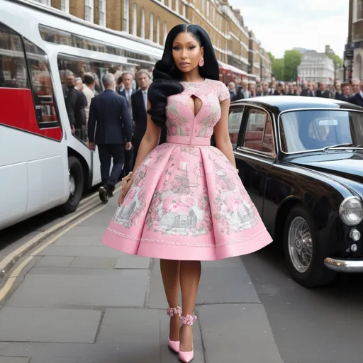 Prompt: Hyper Realistic and very detailed Nicki Minaj wearing a hyper realistic and very detailed Valentino 50s look with a very detailed Valentino dress and very detailed Valentino shoes in the centre of a very accurate 50s London 64k Hd, very accurate 3D 