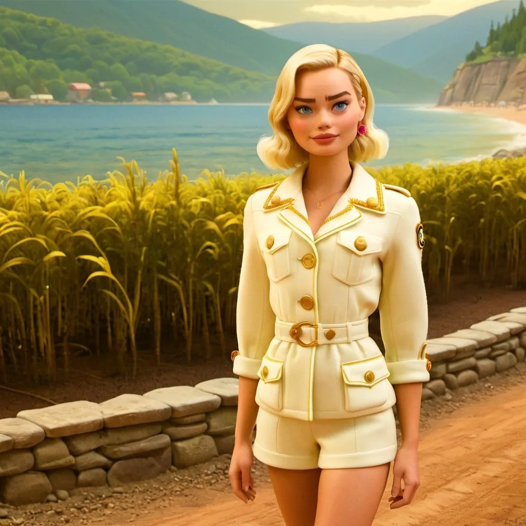 Prompt: Margot Robbie wearing Chanel outfit in a Wes Anderson scenario 