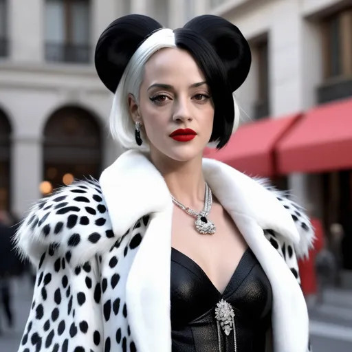 Prompt: A hyper realistic Asia Argento as Cruella in a Miu Miu very detailed and accurated 64k quality HD 3D outfit