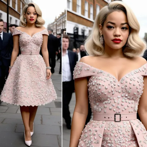 Prompt: Hyper Realistic and very detailed Rita Ora wearing a hyper realistic and very detailed Valentino 50s look with a very detailed Valentino dress and very detailed Valentino shoes in the centre of a very accurate 50s London 64k Hd, very accurate 3D 