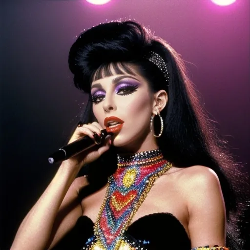 Prompt: Cher in a (bold) 1990s look, (glamorous outfit) featuring sequins and vibrant colors, dramatic makeup with heavy eyeliner, and fierce expression, dark long hair styled with volume, retro accessories, (high fashion pose), (intricate background) reflecting a lively concert scene, striking lighting creating a captivating atmosphere, ultra-detailed, 4K.