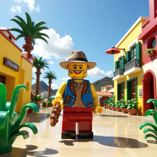 Prompt: Lego figure in Dolce & Gabbana clothing, vibrant Sicilian landscape, colorful Lego architecture, sunny Mediterranean atmosphere, bright blue skies, charming coastal village backdrop, playful elements, tropical plants, ultra-detailed, 4K, whimsical and joyful mood, dynamic composition, a fusion of fashion and creativity, capturing the essence of luxury in a playful world.
