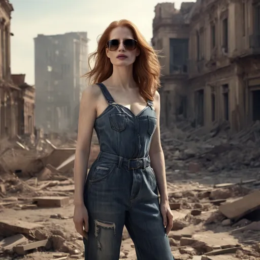 Prompt: Jessica Chastain wearing Diesel jeans dress in a post apocalyptic scenario with sunglasses