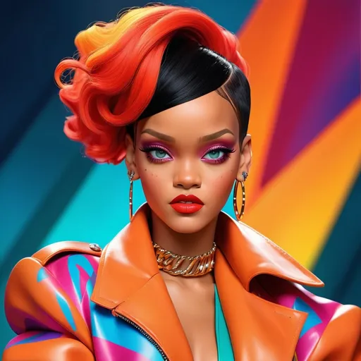 Prompt: Rihanna, (iconic figure), stylish pose, (vibrant colors), radiant skin, expressive gaze, (chic outfit), glam makeup, modern accessories, dynamic hairstyle, captivating atmosphere, bold lighting, fantasy backdrop, high energy, (ultra-detailed), inspiring vibe, (photorealistic), showcasing confidence and charisma.