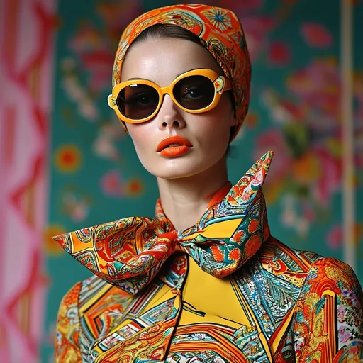 Prompt: Pucci 60s foulard look, (vibrant colors), bold geometric patterns, (retro style), whimsical elegance, plush fabrics, lively print compositions, (highly detailed), vintage fashion enthusiasm, playful and artistic flair, (ultra-detailed), reminiscent of the 1960s fashion era, stylish and chic, (dramatic lighting), evocative and artistic atmosphere, showcasing timeless sophistication and exuberance.