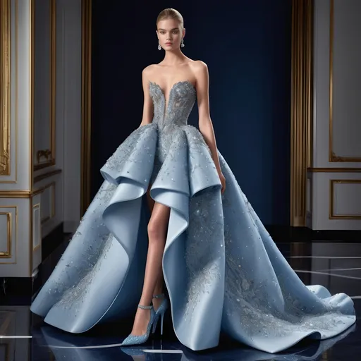 Prompt: Cinderella in Balenciaga, modern haute couture, elegant ball gown, glass slippers, high fashion, luxurious fabric, intricate details, runway-ready, high-end, glamorous, fairytale twist, best quality, highres, fashion illustration, modern, opulent, sophisticated, dramatic lighting, chic color tones