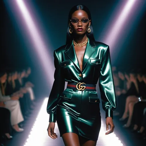Prompt: Gucci look, bold glamorous look, high sheen, intricate detailing, sleek design, fashion show runway, dramatic lighting, spotlight effect, bold 90s style, 90s aesthetic, stylish, 90s quality, ultra-detailed, HD