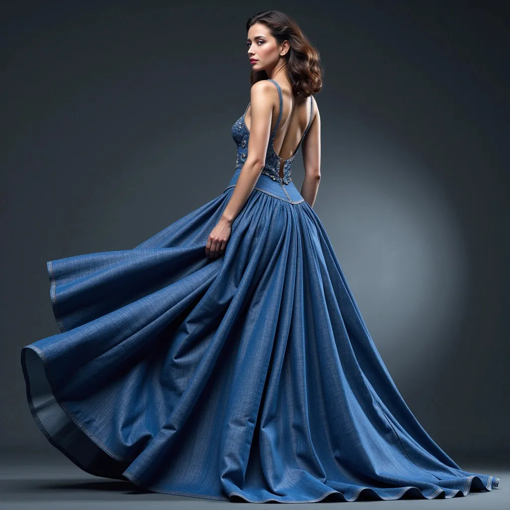 Prompt: Valentino digital art, stunning denim long dress with intricate detailing, flowing silhouette, elegant style, bright blue fabric with soft shading, cinematic lighting, high contrast highlights, fashionable and contemporary vibe, soft texture, luxurious presentation, perfect for casual or chic occasions, ultra-detailed, artistic representation.