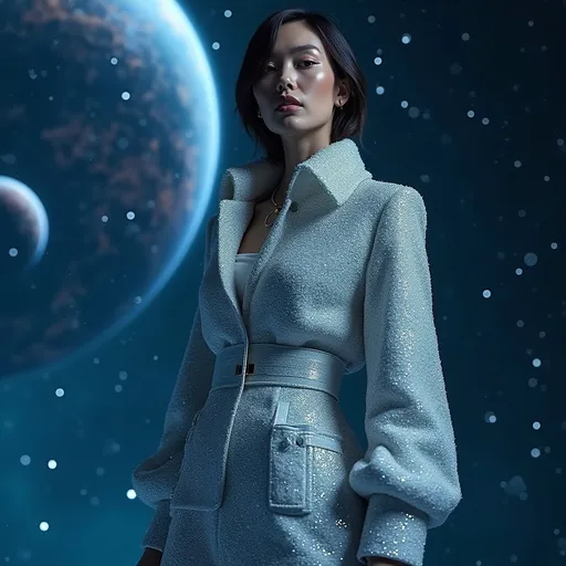 Prompt: Chanel outer space look, (high fashion) in a cosmic setting, (futuristic) garments with glittering textures and unique cuts, stars and planets sparkling in the background, (deep blue and silver tones) creating a dreamlike atmosphere, dramatic lighting that highlights intricate details of the clothing, (elegant) poses showcasing style, (ultra-detailed) and vivid imagery, atmosphere as if in an interstellar boutique.