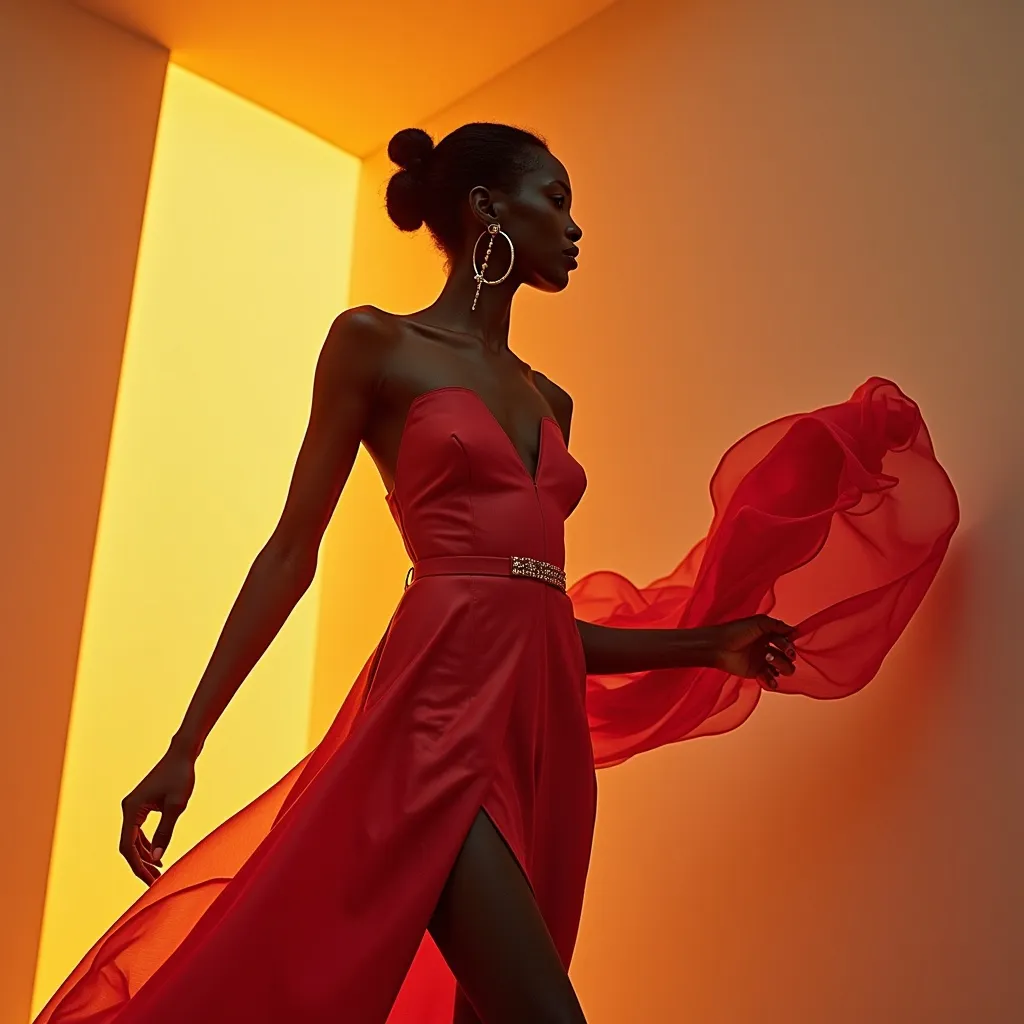 Prompt: (Alek Wek wearing Jil Sander), high fashion, (striking pose), timeless elegance, modern silhouette, minimalist design, soft yet bold fabric textures, dreamy background setting, warm and inviting colors, (4K), ultra-detailed fashion photography, capturing the essence of contemporary style, chic accessories, ambient lighting that enhances the mood, poised and confident aura.