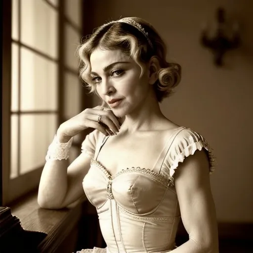 Prompt: (Madonna demure), elegant pose, nostalgic allure, sophisticated attire, soft lighting, warm color tones, subtle textures; evoking an atmosphere of grace, calm, and refined beauty, vintage-inspired background, intricate details, artful composition, high detail, cinematic quality, inspiring feelings of reverence and admiration, ultra-detailed.