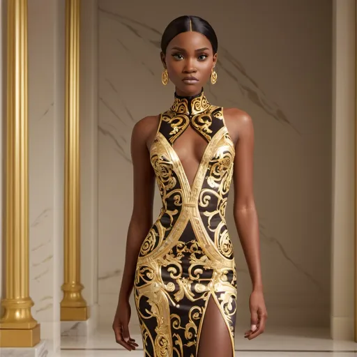 Prompt: A stunning vision of a Versace dress, illuminated by glamorous, high-contrast lighting that emphasizes its opulent gold accents and intricate patterns. The dress flows elegantly, with bold, daring cuts and a form-fitting silhouette that exudes confidence and luxury. Set against a sleek, minimalist backdrop with subtle marble textures, soft spotlighting creates a sense of drama and allure, highlighting the shimmering fabric and ornate detailing. The overall mood is decadent and sophisticated, evoking high fashion runway elegance in a cinematic, photorealistic style.