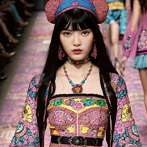 Prompt: (Anna Sui fashion design), vibrant colors, bold patterns, intricate details, whimsical designs, eclectic style, runway inspiration, haute couture vibe, lively atmosphere, floral motifs, 90s nostalgic influence, high fashion elegance, luxurious textiles, stunning accessories, diva-like presence, urban chic background, ultra-detailed, HD quality.