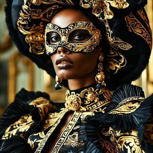 Prompt: Versace Halloween dress, (luxurious design), opulent embroidery, rich gold and black fabric, dramatic silhouette, elaborated floral patterns, shadowy ambiance, (high fashion), vibrant accents, intricate details, captivating Halloween vibe, fashionable model wearing the dress, ultra-detailed, (4K), stylish and mesmerizing atmosphere.