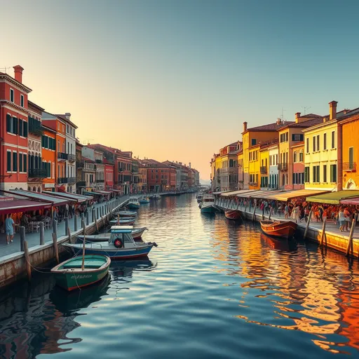 Prompt: (Chioggia) vibrant seaside town, picturesque canals lined with colorful buildings, reflections dancing on water, quaint fishing boats, bustling outdoor markets, historical architecture, (warm tones) illuminated by golden sunset light, (cozy) atmosphere filled with life, charming ambiance, (highly detailed) render, (4K, ultra-detailed).