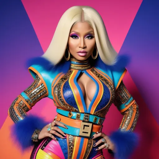 Prompt: Nicki Minaj, dressed in a (bold 80s glam rock Balmain outfit), vibrant colors, high wattage (dramatic makeup), striking accessories, playful pose, luxurious textures, glamorous lighting, retro vibes, bold style, intricate patterns, (highly detailed), vibrant backdrop, mood of confidence and empowerment, ultra-detailed, 4K quality.