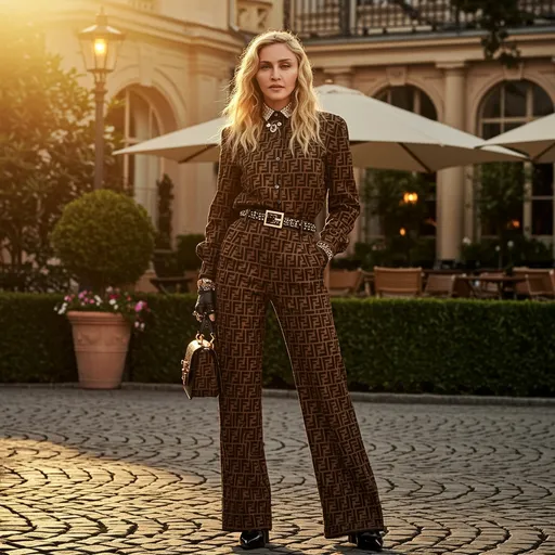 Prompt: Imagine Madonna in a luxurious fashion scene showcasing a model adorned in an exquisite Fendi outfit, set against a backdrop of an opulent, sun-soaked cityscape during golden hour. The warm, golden light casts soft shadows, enhancing the rich textures of the fabric. The model stands confidently on a cobblestone street, her pose exuding elegance and modernity, as her hair flows gently in the evening breeze. Behind her, lush greenery intertwines with stylish architecture, while a hint of a stylish café patio adds an inviting charm. A soft sparkle in her eyes reflects an air of sophistication and allure. Capture this moment in a photorealistic style, to emphasize the intricate details of the Fendi look against the luxurious urban setting.