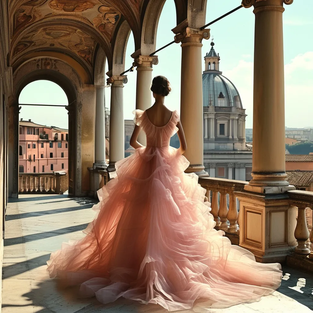 Prompt: (ultra-detailed) image of a very delicate dress by Valentino, set against a picturesque backdrop of Rome, pastel color palette, soft and elegant textures, warm ambient lighting, romantic atmosphere, ornate architecture in the background, gentle shadows playing across the fabric, high fashion elegance, sophisticated vibe, capturing the essence of luxury and artistry, enchanting scenery, dreamy aesthetic.