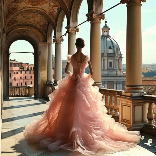 Prompt: (ultra-detailed) image of a very delicate dress by Valentino, set against a picturesque backdrop of Rome, pastel color palette, soft and elegant textures, warm ambient lighting, romantic atmosphere, ornate architecture in the background, gentle shadows playing across the fabric, high fashion elegance, sophisticated vibe, capturing the essence of luxury and artistry, enchanting scenery, dreamy aesthetic.