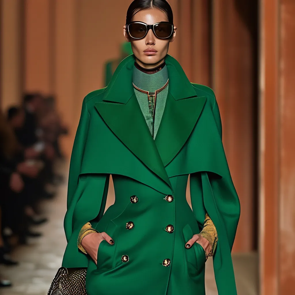 Prompt: (Bottega Veneta look), elegant fashion, texture-rich fabrics, sophisticated color palette of deep greens and earthy tones, warm ambient lighting, ultra-detailed, high fashion, modern design aesthetic, minimalistic yet luxurious, emphasis on craftsmanship, stylish accessories, striking visual contrasts, upscale luxury ambiance, runway inspired, capturing the essence of contemporary design.