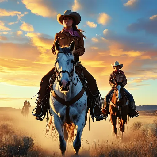 Prompt: (Cowgirls), vibrant Western landscape, horseback riders adorned in classic cowgirl attire, (cowboy hats) and leather boots, emphasizing the cowboy culture, rugged terrain under a striking blue sky, warm golden sunlight casting soft shadows, capturing a sense of adventure and freedom, ultra-detailed, cinematic composition, high quality.