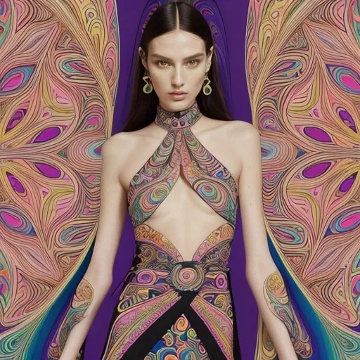 Prompt: Emilio Pucci (vibrant and dynamic patterns), fashion design inspiration, haute couture aesthetic, luxurious textiles, psychedelic colors, a blend of modern and classic styles, swirling motifs, intricate details, elegant silhouette, sophisticated appeal, artistic flair, opulent vibe, striking visual composition, high fashion influences, dramatic lighting, ultra-detailed, artistic masterpiece.