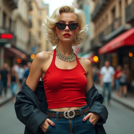 Prompt: (Marilyn Monroe in Diesel look), stylish and modern attire, vintage glamour with a contemporary edge, confident pose, sleek hairstyle, (high-fashion styling), vibrant colors that pop, a backdrop of urban elegance with city elements, capturing the essence of both classic Hollywood and modern fashion, (ultra-detailed), (4K), showcasing sophistication and allure.