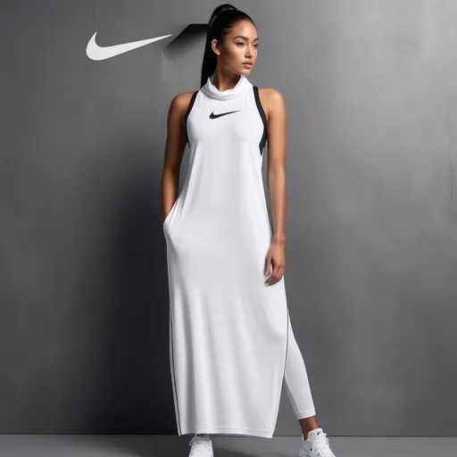 Prompt: Nike long dress, (sleek design), modern athletic wear, featuring the iconic Nike swoosh logo, (dynamic flow of fabric), vibrant colors, stylish neckline, high-quality textile texture, (fashion-forward silhouette), draping elegantly, (urban streetwear vibe), set against a minimalist background, soft lighting, (highly detailed 4K quality).