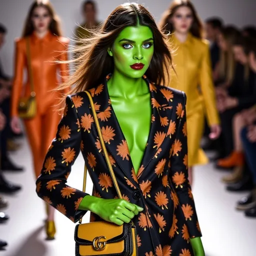 Prompt: (Elphaba wearing Jil Sander), striking pose, vibrant green skin, dark flowing hair, poised facial expression, luxurious Gucci outfit, fashion-forward accessories, playful yet sophisticated, (bold patterns), stylish handbag, adventurous demeanor, brightly lit runway background, high fashion atmosphere, runway models in soft focus, ultra-detailed, (fashion illustration).