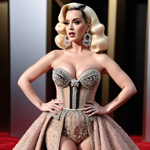 Prompt: Highly detailed image of Katy Perry as Kim Kardashian as Amanda Lepore wearing a very glamorous and high fashionable highly detailed 64k 3D dress by Gucci