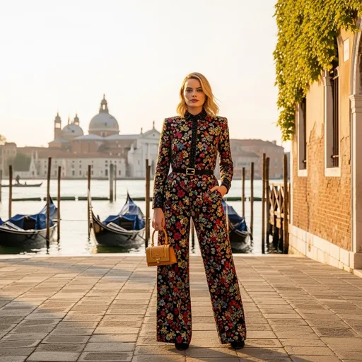 Prompt: Envision Margot Robbie gracing the sun-kissed shores of Venice during the Cinema Festival at the Lido, adorned in a stunning Valentino total look that encapsulates elegance and glamour. The soft glow of golden hour bathes the scene as the Venetian skyline ripples in the distance, with its iconic gondolas gliding smoothly over the shimmering canals. Margot stands poised, her expression a blend of confidence and grace, the vibrant hues of her outfit contrasting beautifully with the romantic architecture surrounding her. Delicate cobblestone streets arch beneath her feet, with ivy-clad walls creating an enchanting frame. Gentle breezes stir her hair, hinting at the magic of the moment. This captivating tableau could be brought to life with cinematic lighting and a photorealistic style, highlighting the beauty of both the actress and the enchanting city.