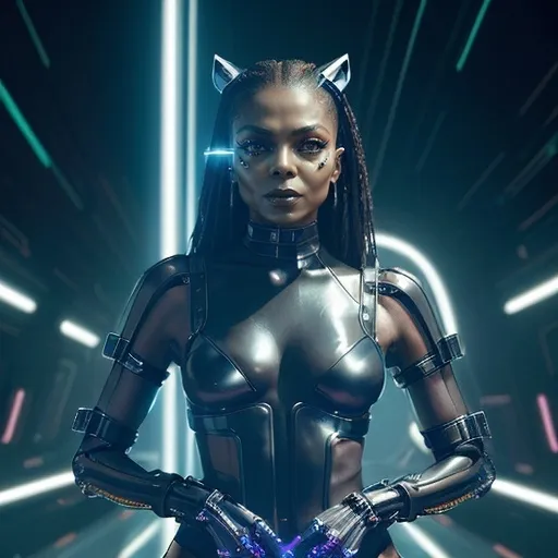 Prompt: Janet Jackson (as a Mugler cyborg), futuristic fashion, sleek metallic body suit, glowing LED accents, striking makeup with vibrant colors, (bold accessories), intricate detailing in design, dynamic pose, cyberpunk atmosphere, urban background with neon lights, (high intensity), (vivid contrast), expressive and captivating vibe, 4K ultra-detailed, cinematic feeling capturing the interplay of technology and elegance.