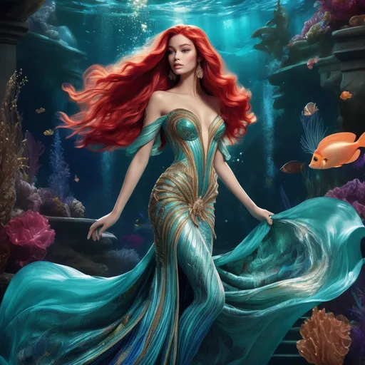 Prompt: (Ariel wearing Balmain), stunning fashion ensemble, (vibrant colors), emphasizing the glamorous fusion of fantasy and haute couture, graceful pose, flowing hair, intricate textile details, luxurious fabrics, (high-quality illustration), beautifully stylized background, enchanting underwater atmosphere, shimmering light effects, magical vibe, showcasing elegance and boldness intertwined, perfect blend of whimsical and fashionable aesthetics.