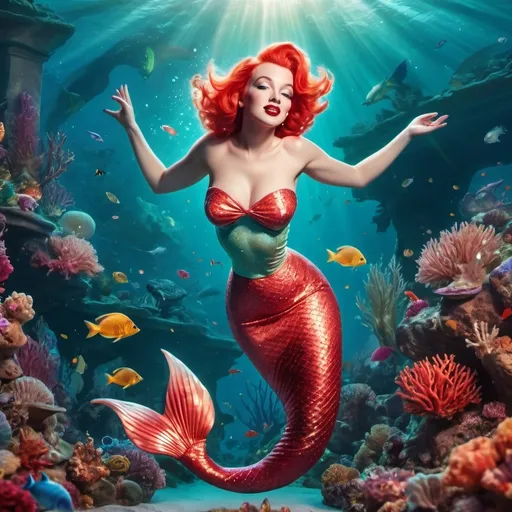 Prompt: (Marylin Monroe as Ariel), vibrant underwater scene, ethereal mermaid tail, flowing red hair, enchanting ocean background with vibrant coral reefs, shimmering light reflections, dreamy atmosphere, whimsical and magical elements, captivating expression, surrounded by colorful sea creatures, soft glimmering water, 4K ultra-detailed, cinematic quality, imaginative blend of iconic styles.