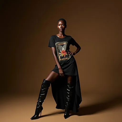 Prompt: (Alek Wek wearing Saint Laurent high heels over-the-knee boots), striking pose, showcasing her unique style, elegant and confident demeanor, (high-fashion), (glamorous), dramatic lighting, (high contrast), richly detailed textures of the boots, sophisticated background setting, warm tones, 4K ultra-detailed image, conveying modern fashion aesthetics, capturing elegance and strength, wearing a long vintage t-shirt with vintage prints as a dress 