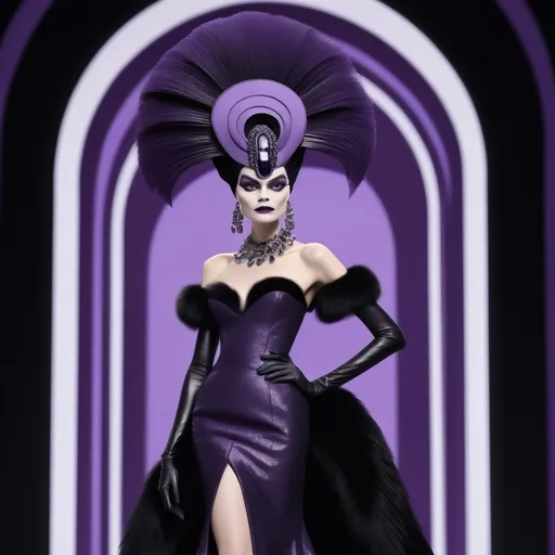 Prompt: (Yzma reimagined by Chanel), elegant fashion, dramatic silhouette, luxurious textures, striking contrast in colors, (high-fashion aesthetic), intricate details, chic accessories, stylish pose, opulent background with dark hues and plush materials, sophisticated ambiance, (vibrant and glamorous), bold expressions, ultra-detailed and expressive, haute couture theme, ambiente of power and elegance.