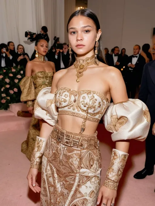 Prompt: Realistic depiction of the Met Gala event, Olivia Rodrigo attendees in Loewe high fashion outfits, detailed facial expressions and accessories, red carpet glamour, intricate embroidery and luxurious fabrics, photorealistic, high quality, detailed realism, Met Gala, celebrity fashion, red carpet, luxurious fabrics, detailed facial expressions, glamorous event, intricate embroidery, high fashion, accessories, photorealism, realistic lighting